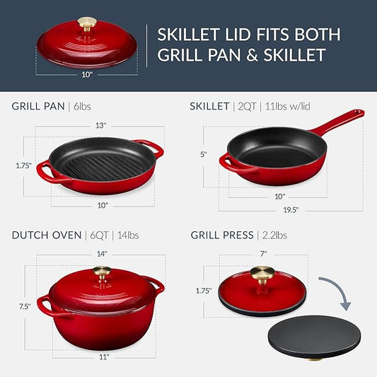 Best Choice Products Non-Stick Pot & Pan Cookware Set, Cast Iron, 2Qt Skillet W/Lid, 10" Grill Or Griddle Pan W/Press, 6Qt Enameled Dutch Oven, Non-toxic, For Cooking & Grilling - Red