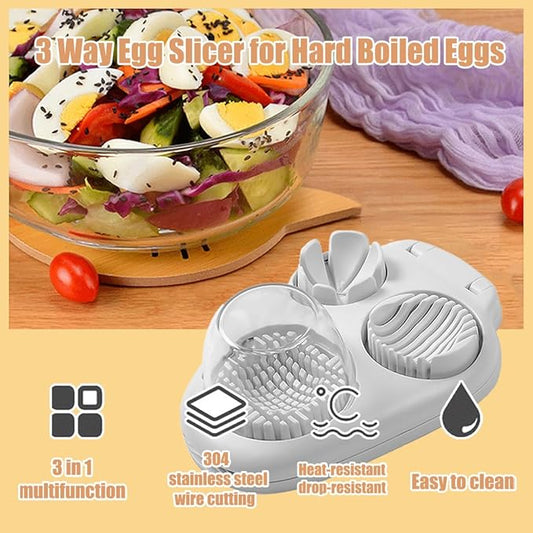 3 in 1 Egg Slicer, Bunoju 3 Way Egg Slicer for Hard Boiled Eggs, Heavy Duty 304 Stainless Steel, Strawberry Grape Slicer for Soft Fruit Mushroom Home Use, Ideal Kitchen Chopper Tool (2PCS)