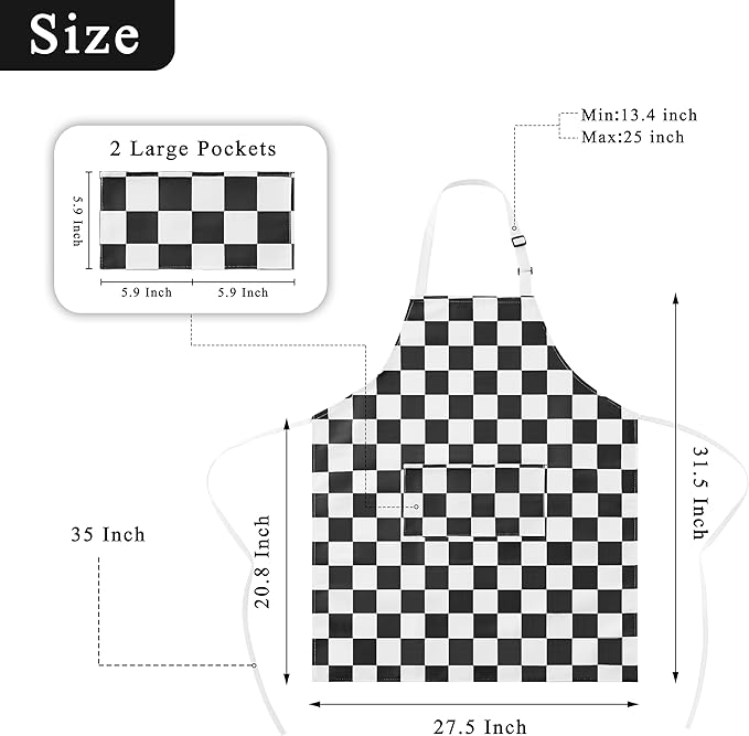 2 Pack Checkered Kitchen Apron, Black White Checkerboard Aprons for Women with Pockets, Aesthetic Cute Trendy Chef Apron for Men, Waterproof Aprons for Cooking