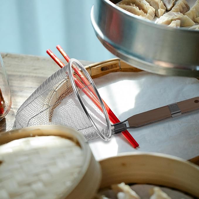 Stainless Steel Pasta Strainer Basket with Wooden Handle 13 Inch Noodle Skimmer Spoon for Cooking Dumplings Hot Pot and Food Draining