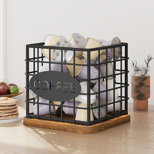 Coffee Pod Holder for K Cup, Large Capacity Coffee Pod Organizer, Versatile Coffee Capsule Storage Basket with Wooden Base, Rustic Brown KH10BR