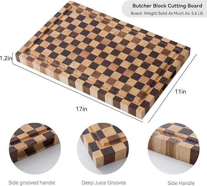 Cookaholic Acacia Wood Cutting Board (17x11x1.2'') Inch, Butcher Block for Kitchen, Premium Acacia Cutting Board with Juice Groove, End Grain Made of Sustainable Acacia Wood