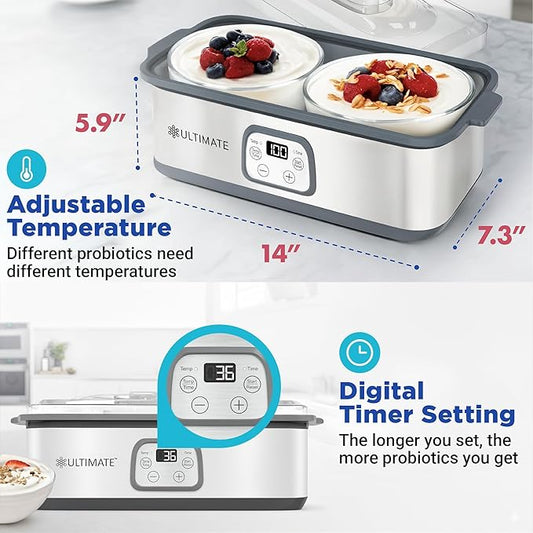 Ultimate Probiotic Yogurt Maker with Adjustable Time & Temp Control - Make Trillions of Live Probiotics with Two 1-Quart Containers for Larger Batches - Greek Yogurt Maker - ULTIMATE LIFETIME WARRANTY