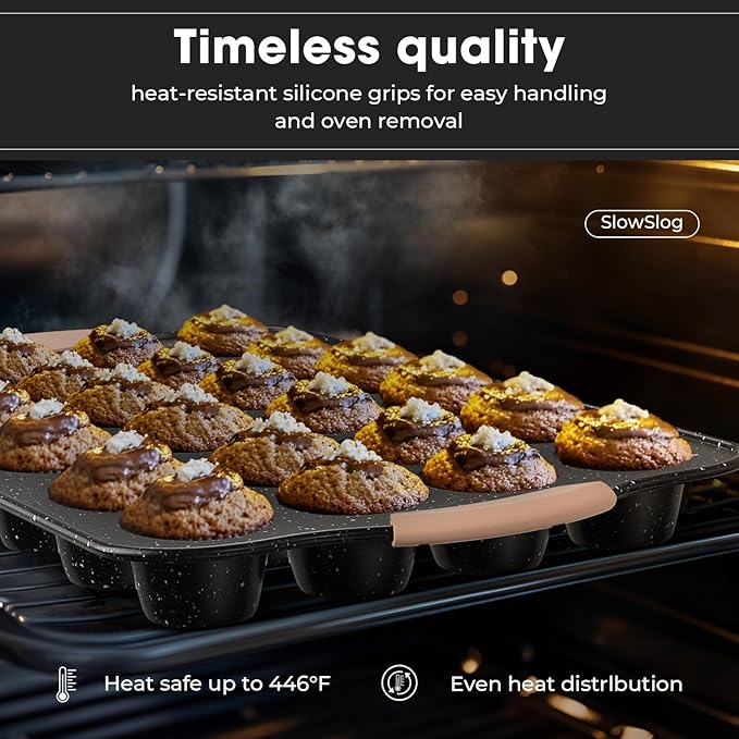 Slow Slog 11-Piece Baking Pans Set, Nonstick Bakeware Sets, Oven Pans for Baking with Silicone Handles, Includes Cookie Sheet, Cake Pans, Loaf Pan, Pizza Pan, Muffin Pan, Khaki&Black