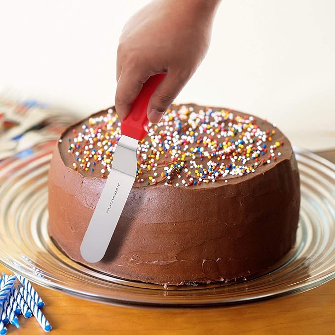PUCKWAY Offset Spatula set of 3 Red 6 8 & 10 Inch Cake Frosting Angled Icing Spatula for Decorating