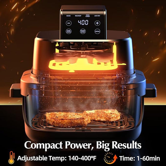 Arecovas 4-in-1 Portable Glass Air Fryer, 140–400°F Precise Heat, Max Crisp Technology, 4.2QT & 1.6QT Dual Containers with Lids, Freezer & Dishwasher Safe, Bake, Recrisp, Air Fry
