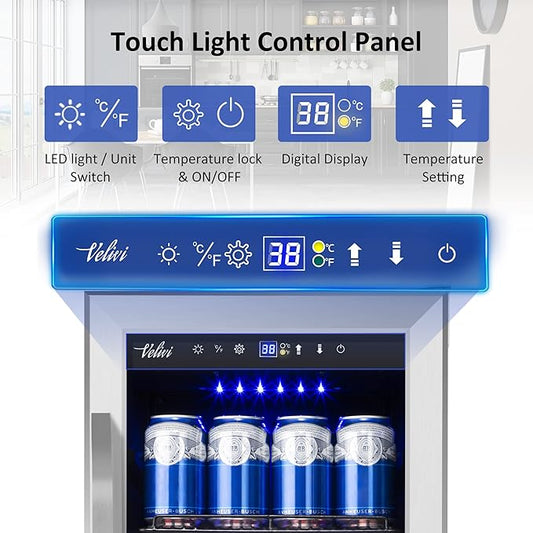 15 Inch Beverage Refrigerator - 125Cans Capacity Drink Cooler Under Counter Mini Fridge with Glass Door, Safety Lock Built-in or Freestanding Refrigerator for Soda, Beer, Wine