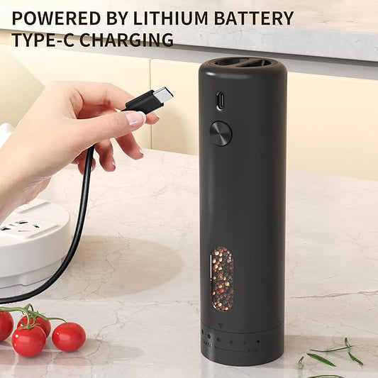 Electric Salt and Pepper Grinder Set Automatic Pepper Mill Shakers Adjustable Coarseness Easy Filling Upgraded USB Rechargeable Electric Spice Mill Set with Led (2 Pack Black/Black)