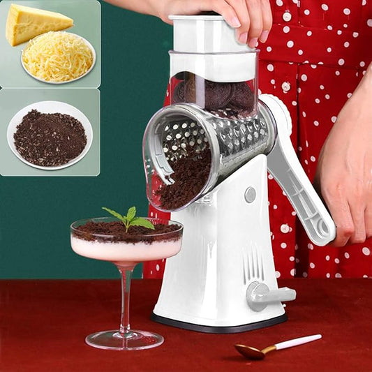 Rotary Cheese Grater Shredder 5-in-1 Tumbling Box Mandoline Vegetable Julienne Slicer Waffle Cutter Nut Chopper with Handle and Strong Suction Base