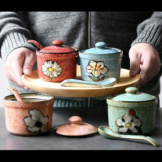 VanEnjoy Traditional China Retro Hand Painted Flower Ceramic Round Sugar Spice Containers Porcelain Jar with Spoon Round Condiment