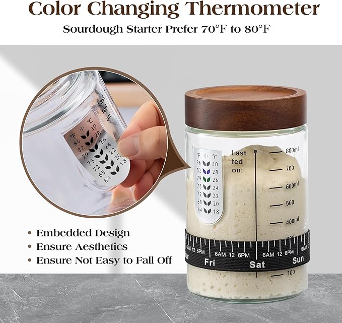 Sourdough Starter Kit,34oz Sourdough Starter Jar Glass with Sourdough Recipes Cookbook.Sourdough Bread Baking Supplies with Thermometer,Natural Wooden Lid, Anti-slip Mat,Sourdough Jar scraper (2 pack)
