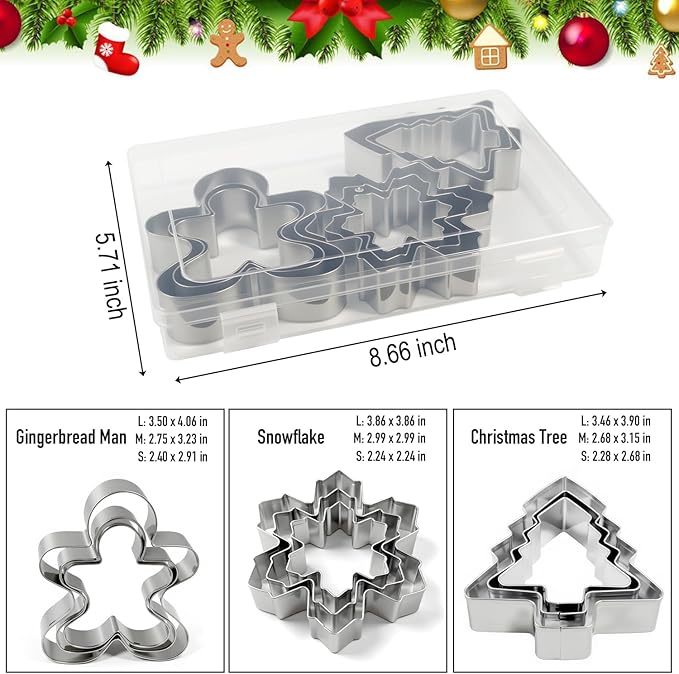 Metal Christmas Tree, Gingerbread Man, Snowflake Cookie Cutters Christmas Shapes Large Medium Small Size, Thickened Biscuit Cutter Molds Set for Winter Holiday Baking