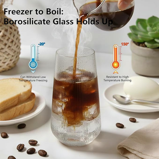 Ruckae Borosilicate Glass Cups with Lids and Straws,16oz Reusable Iced Coffee Cup with Lid Glass Cups 4 Pack for Coffee Bar Accessories,Smoothie,Juice,Durable Clear Tumbler Cups for Home,Office,Travel