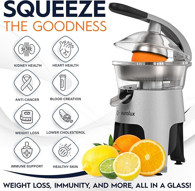 Eurolux Die Cast Stainless Steel Electric Citrus Juicer Squeezer, for Orange, Lemon, Grapefruit | 300 Watts of Power, With 2 Stainless Steel Filter Sizes for Pulp Control