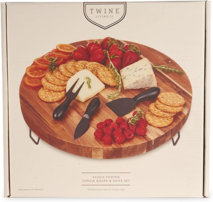 Twine Acacia Cheese Board and Knife Set, Footed Cheese Snack Tray and Cheese Knives Set Cooking Accessories, 16inch Diameter