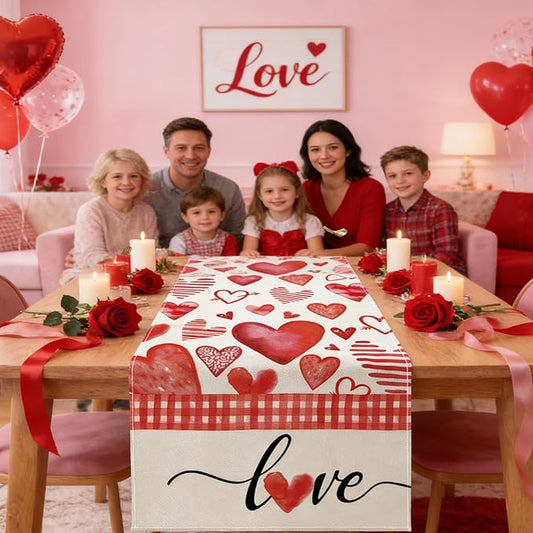Valentine's Day Table Runner Decorations, Linen Red Table Scarf for Home Kitchen Dining Table Decoration Valentine Party Heart Shaped Decor Holiday Farmhouse Rustic Table Runner(13 x 72 Inch)