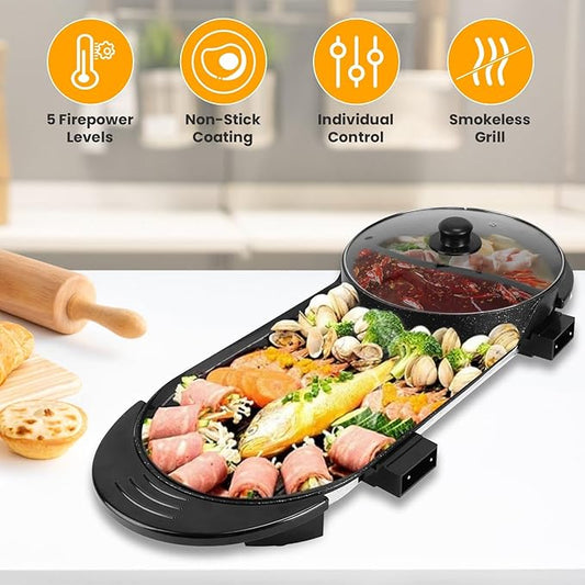KOCASO 2200W 2-in-1 Electric Hot Pot & Non-Stick BBQ Grill, Smokeless Indoor Grill and Shabu Shabu Hot Pot with Dual Independent Temp Control, 5 Heat Settings, for 2-8 People Family Gatherings