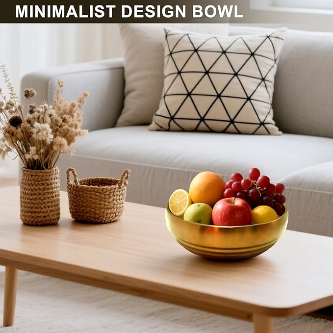 7.4 inch Gold Decorative Bowl for Home Decor - Modern Fruit Bowl for Kitchen Counter, Key Catch All & Entryway Table Centerpiece, Stylish Golden Finish