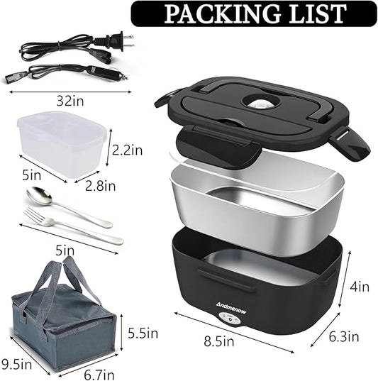 80W Faster Electric Lunch Box Update, Home Office Truck Car Food Warmer, Portable Food Heater with 304 Stainless Steel Container, Spoon & Fork and Carry Bag