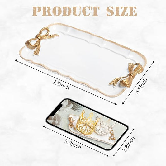 Warmtree Vintage Jewelry Organizer, Decorative Tray for Jewelry, Towel, Storage, Rings, Bracelets, Earrings, Cosmetics, Retro Design, Bow Decor Resin Plate Coquette for Room Decor, White