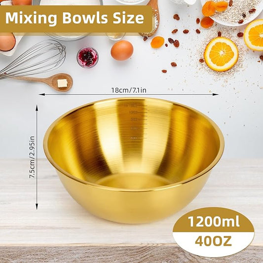 fecoqi 3-Piece Stainless Steel Golden Mixing Bowls (7.1") Metal Bowl with Measurement Marks, Dishwasher Safe & Stackable - Perfect for Baking, Salad Making, Meal Prep and Kitchen Use