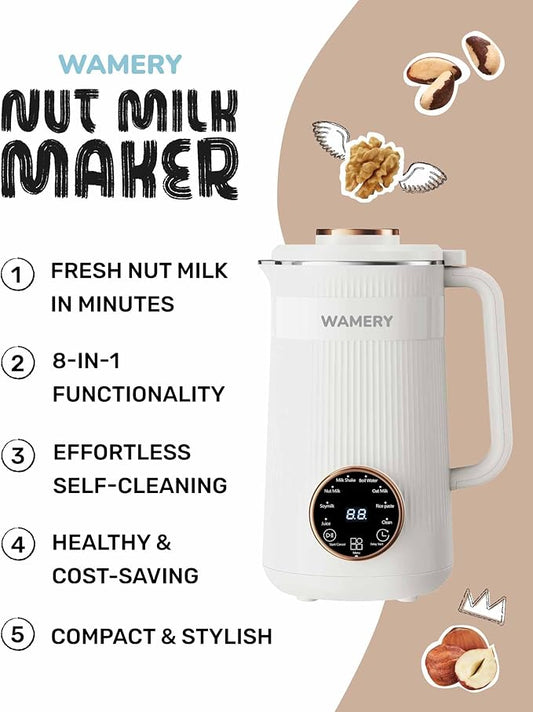 Wamery 32oz Nut Milk Maker Machine - Plant‑Based Milk Maker for Almond, Oat & Soy, Automatic Heated Programs, Self‑Cleaning, Delay Start, Keep Warm & Boil Water, 1‑Liter Capacity with Starter Kit