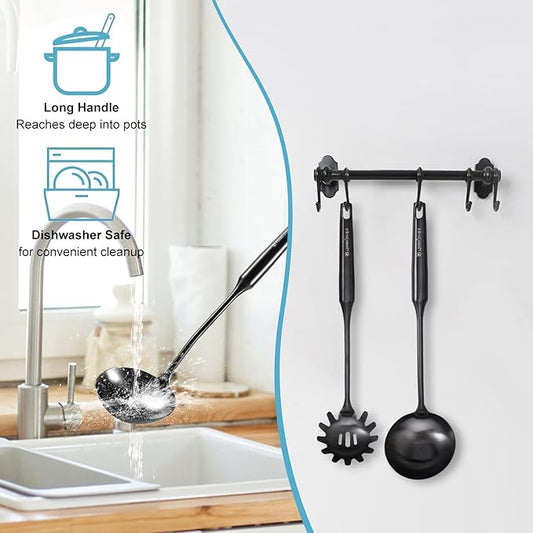 Soup Ladle - 18/10 Stainless Steel Ladle Spoon, 13.8" Large Soup Spoons, Resilient Kitchen Metal Ladel for Cooking, Serving, Stirring, Canning,Sauce, Wok & Soup,Black, Christmas Gifts