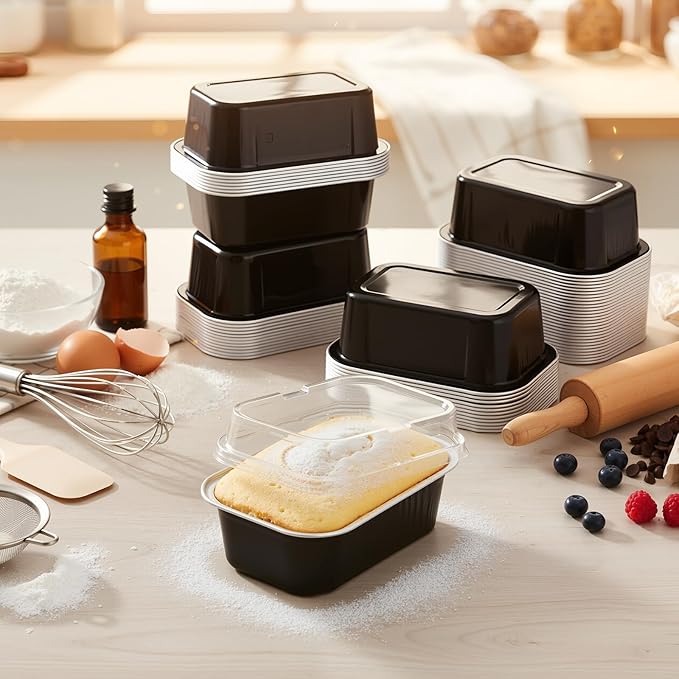 Vesici 100 Sets Mini Loaf Pans with Lids, 5.7 oz Disposable Aluminum Foil Baking Cups, Rectangle Cake Pans for Pudding Desserts Muffin Baking Storage Valentines Wedding Birthday Party(Black Silver)