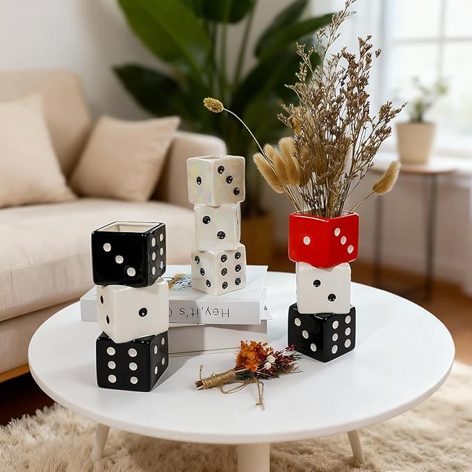Triple Dice Vase - Unique Ceramic Small Vase with Wide Mouth | Modern Decorative Flower Vase for Living Room | Perfect for Fresh,Pampas Grass,Roses & Utensils | Ideal Gift for Art Enthusiasts