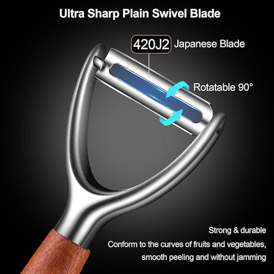 Potato Peelers Stainless Steel, Ultra Sharp Vegetable Peeler for Kitchen, Premium Veggie Fruit Peeler, Rotary Blade Carrot Peelers, Thickened Non-Slip Ergonomic Wooden Handle(5 Years Warranty)