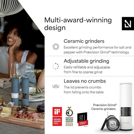 LARS NYSØM Salt and Pepper Grinder Set Manual, Stainless Steel Salt and Pepper Mills with Adjustable Ceramic Grinder I Design Spice Shakers (Black/White)