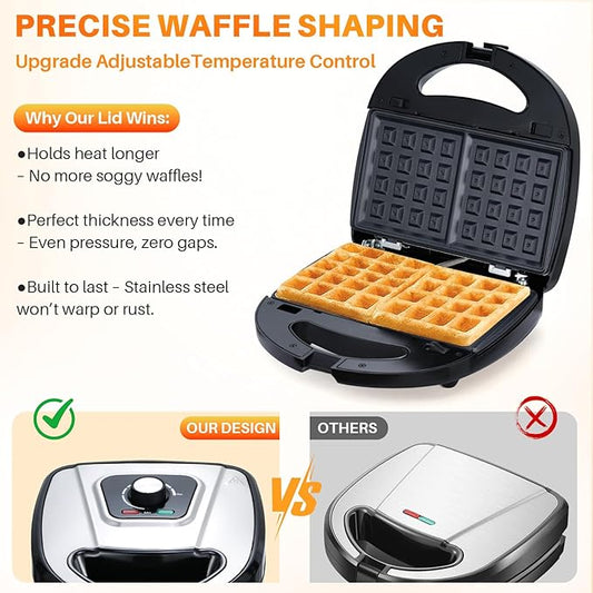 6 in 1 Waffle Maker With Removable Plates,Breakfast Sandwich Maker,Panini Press Grill Mini Donut Maker Machine with 5-Gear Temperature Control for Cooking Steaks Burgers,Grilled,Cheese