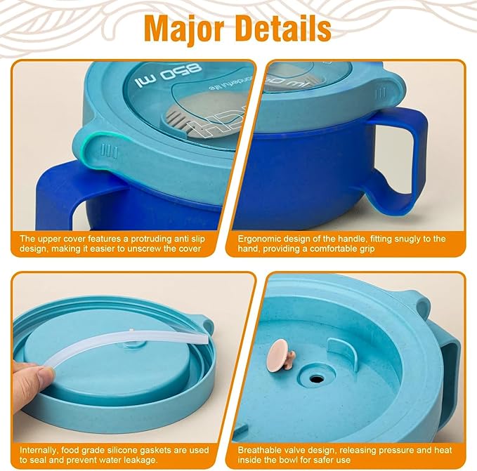 Microwave Bowl with Lids,Ramen Bowl,28oz Microwave Soup Mugs with Handles,for Soup and Instant Noodles,Oatmeal, Gumbo, Salad, College Dorm Room Essentials for Girls for Boys Apartment Essentials(Blue)