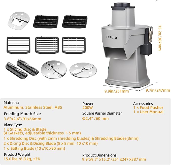 TERUISI 4-In-1 Electric Vegetable Chopper, 200W Vegetable Slicer Food Processor, Veggie Food Cutter With Slicing Shredding Dicing And Striping Function For Commercial Home Use