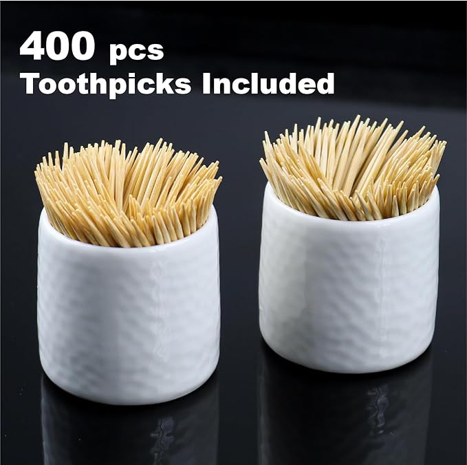 Porcelain Toothpick Holders, Set of 2 Toothpick Dispensers with 400 pcs Bamboo Toothpicks, White