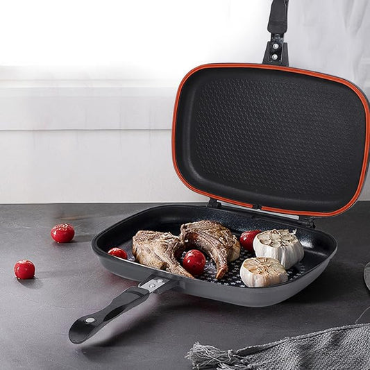 Nonstick Double Frying Pan, 18.1x14.2in Double Multipurpose Double Grill Pan Portable Grill Pot for Home Cooking Sandwich Panini Barbecue Chicken Fish