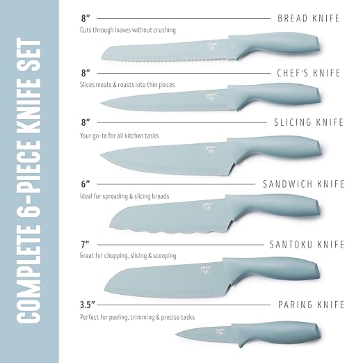 GreenLife 6 Piece Kitchen Knife Set, Rust-Resistant Nonstick Coating, High Carbon Stainless Steel Knives, Blade Guards, Razor Sharp, Ergonomic Handle, Chef, Santoku, Paring, Blue Haze
