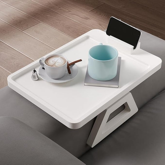 Couch Arm Tray with 360°Phone,Bamboo Folding Sofa Tray,Sofa Armrest Trays Clip-On Couch Desk for Drinks,Snacks,Phone,Remote Control(White)