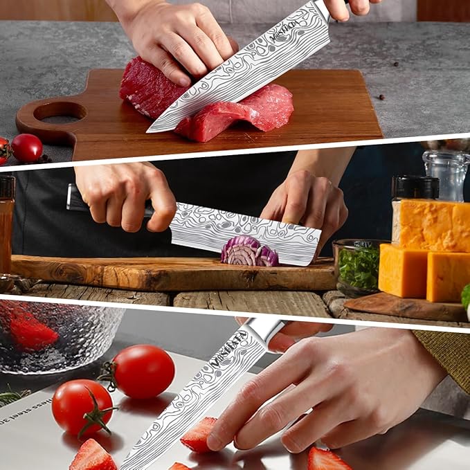 MOSFiATA 5 PCS Chef Knife Set, German High Carbon Stainless Steel Kitchen Knife Set with Sharpener Rod,5PCS Blade Guard,Wood Handle Knives Set for Kitchen with Gift Box