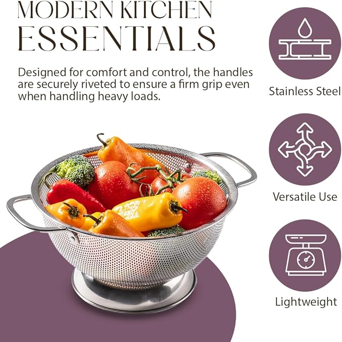 Bellemain Colander for Kitchen – 5 Qt Stainless Steel Strainer with Handle - 18/8 Pasta Strainer Bowl for Pasta, Spaghetti, Vegetables, Fruit, and Pot Draining - Stainless Steel Colander