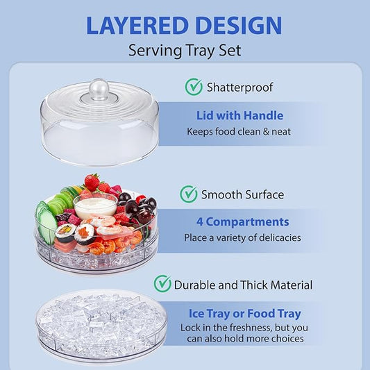 4-in-1 Small Mini Premium Rotating Chilled Serving Tray, 9.05" Ice-Cooled Party Platter with 4 Compartments – Perfect for Fruit, Cake, Desserts, and Shrimp Cocktails – Keeps Food Fresh & Cool
