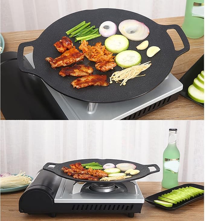 VBESTLIFE Korean Grill Pan, Double Handle Non Stick 6 Layer Coating Aluminum Alloy Gas Cooker Round BBQ Griddle for Outdoor Camping