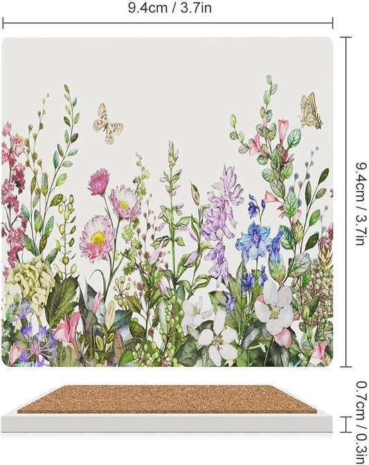 Floral Drink Coasters, Square Ceramic Drink Coaster Square-4PCS, Watercolour Flower Herb Nature Plant Floral Butterfly Decor Absorbent Ceramic Coasters for Beverage Cup, Bar, Coffee Table