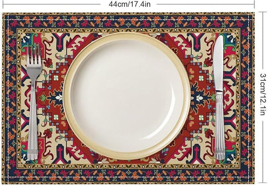 Boho Ethnic Placemats Country Farmhouse Retro Red Floral Art Printed Dining Table Mats Set of 4 for Restaurant Home Kitchen Holiday Picnic Party Decor 12x18in