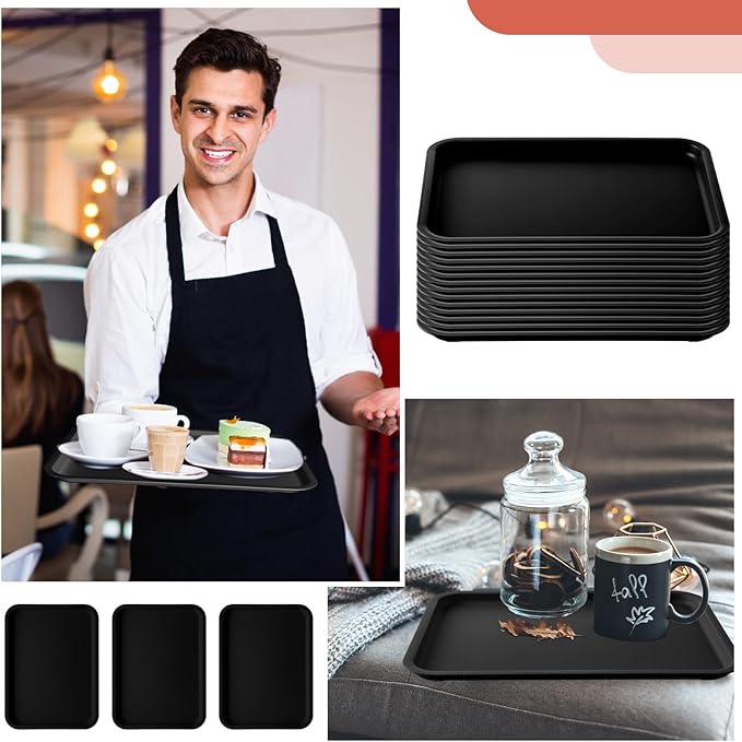 Gerrii 18 Pcs Plastic Fast Food Trays Bulk Restaurant Serving Cafeteria Tray Grill School Lunch Tray Rectangular Serving Platter for Kitchen Hotel Restaurant (Black,12 x 9 Inch)