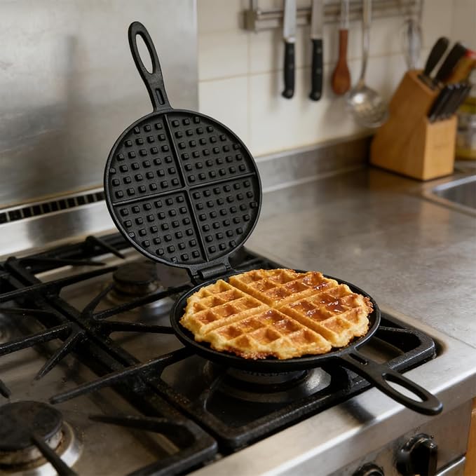 Cast Iron Waffle Cookware Two Piece Hinged Non Electric Waffle Iron for Stovetop or Grill Makes 8" Round Waffles Design Waffle Pan