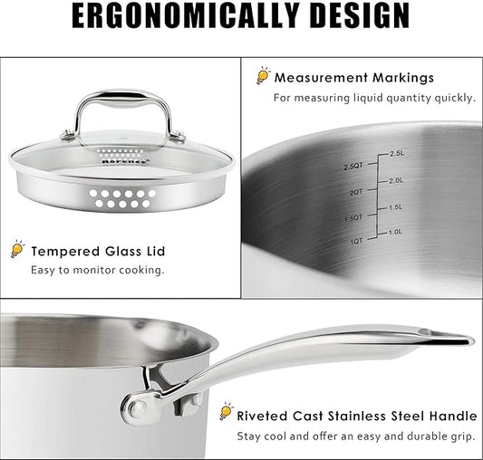 Rorence 3-Quart Saucepan with Lid: Pour and Strain Stainless Steel Sauce Pan with Pour Spouts, Capsule Bottom & Tempered Glass Lid