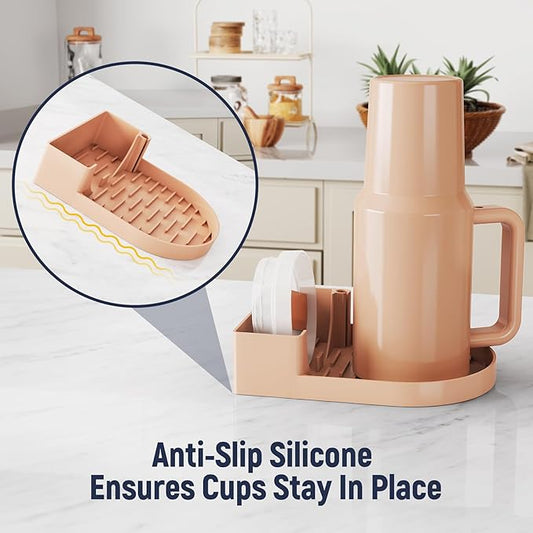 NiHome Silicone Water Bottle Drying Rack Compatible with Stanley Tumblers 20-40oz,Mugs, Wine Glasses, Compact Portable Cup Dryer Stand with Anti-Slip Base for Countertops, RVs & Travel (Cream Pink)