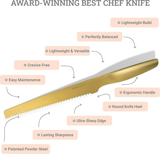 HAST Edition 8-Inch Serrated Bread Knife, Ultra-Sharp Professional Bread Slicing Knife, Advanced Powder Steel, Lightweight, Comfortable Ergonomic & Award-Winning Design(Titanium Gold)