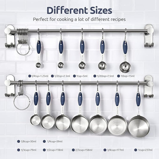 U-Taste 18/8 Stainless Steel Measuring Cups and Spoons Set of 12, and 18/8 Stainless Steel Square Measuring Spoons Set of 8 (Midnight Blue+Silver)
